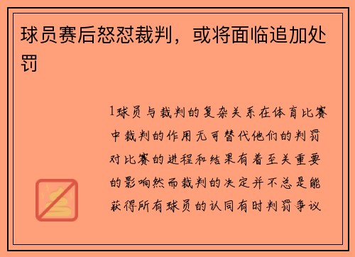 球员赛后怒怼裁判，或将面临追加处罚