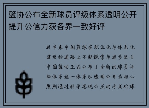 篮协公布全新球员评级体系透明公开提升公信力获各界一致好评
