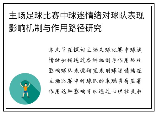 主场足球比赛中球迷情绪对球队表现影响机制与作用路径研究