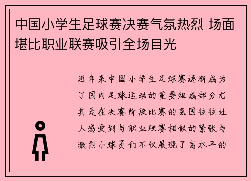中国小学生足球赛决赛气氛热烈 场面堪比职业联赛吸引全场目光